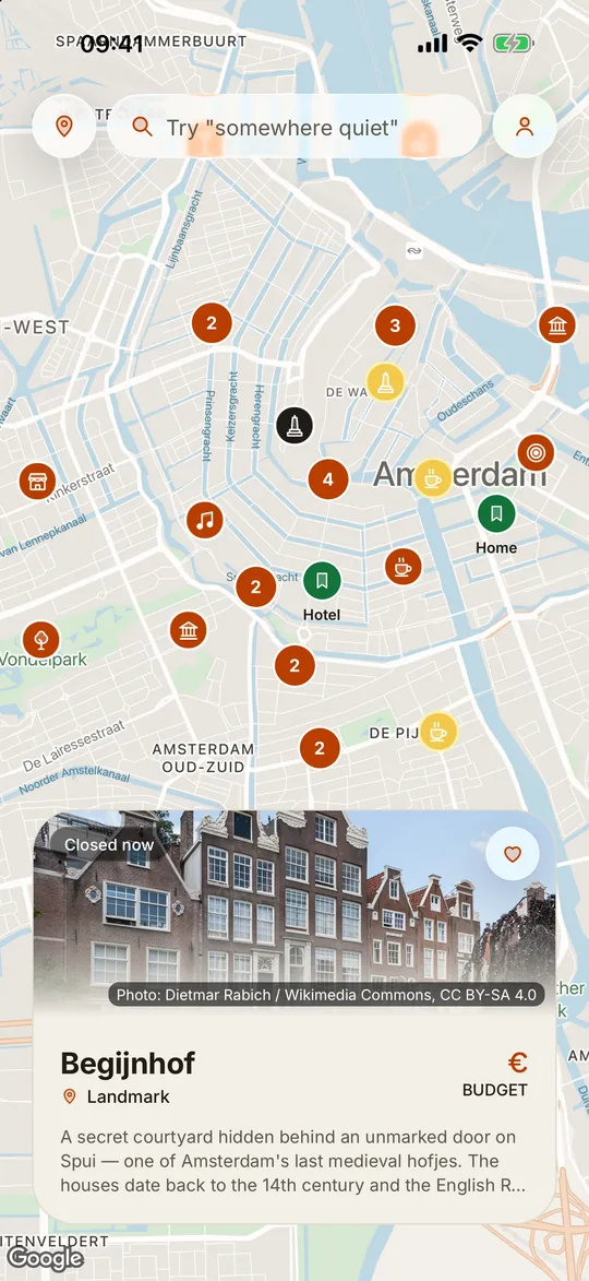 Explore map of Amsterdam with a place card for Begijnhof