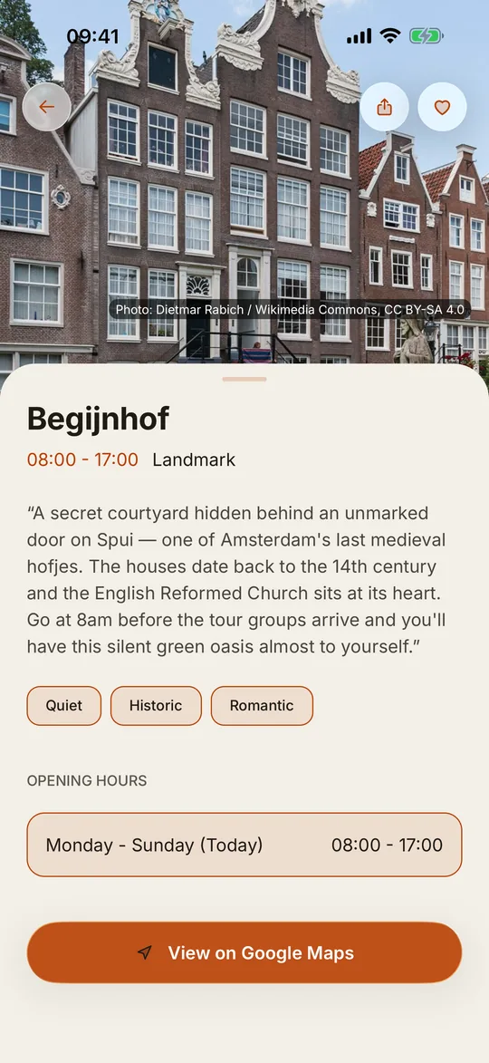 Begijnhof place details: a local’s note, Quiet, Historic and Romantic tags, opening hours and View on Google Maps