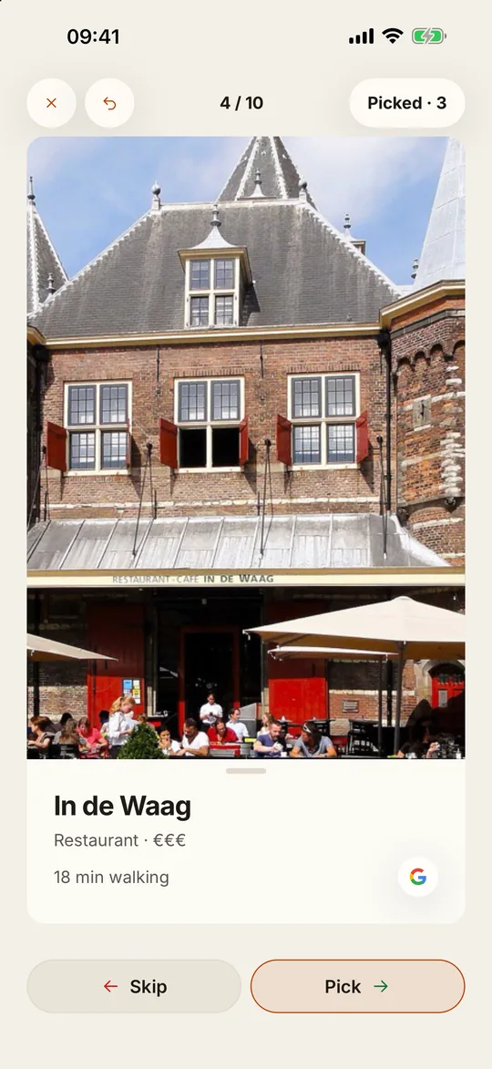 A Quick Spot card for In de Waag, a restaurant 18 minutes’ walk away, with Skip and Pick buttons and three places picked