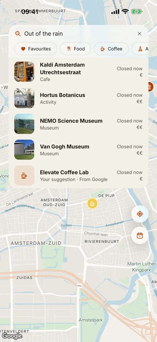 A search for “Out of the rain” listing a café, a botanical garden and two museums with today’s hours