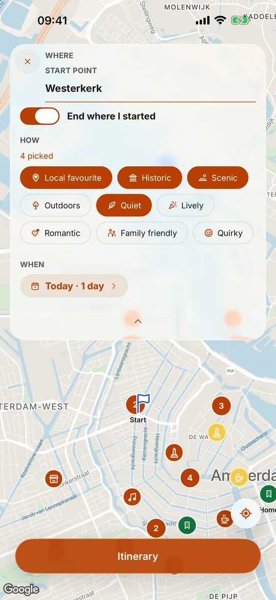 Itinerary setup over the map: start at Westerkerk, end where I started, four interests picked, today for one day