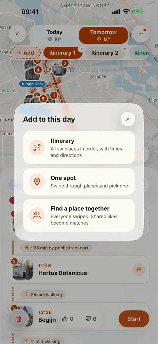 A shared trip’s Add to this day pop-up offering Itinerary, One spot and Find a place together