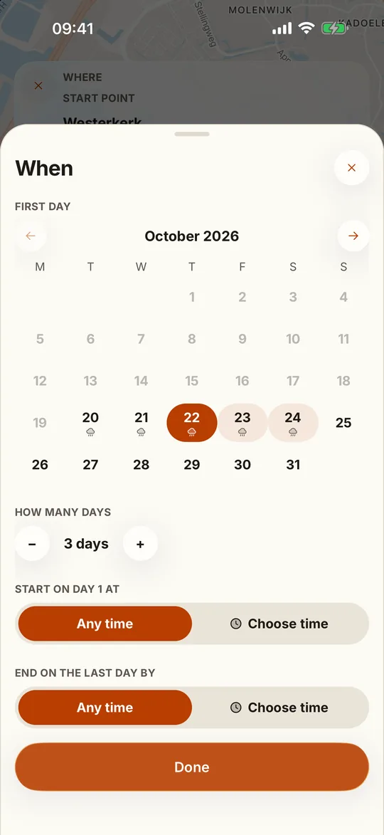 The When sheet: an October calendar with weather icons, three days from Thursday 22 picked, start and end times optional